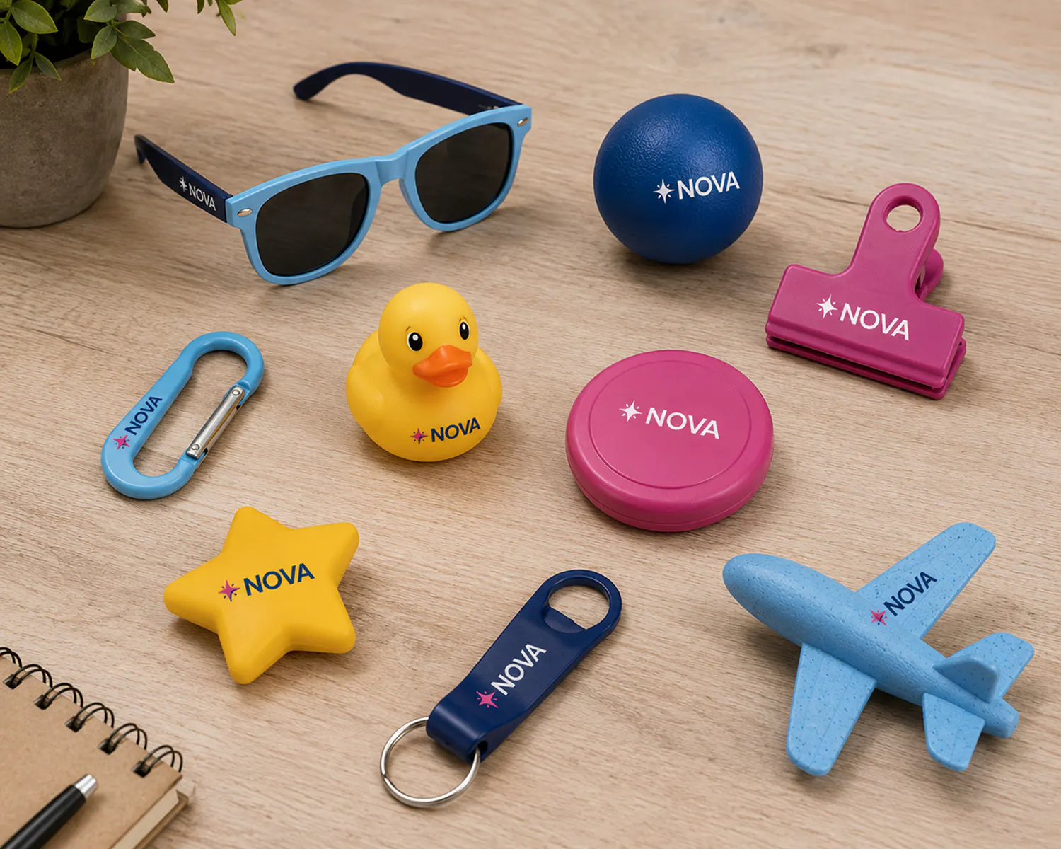 Event giveaways like sunglasses rubber duck stress and bag clips on a wooden table