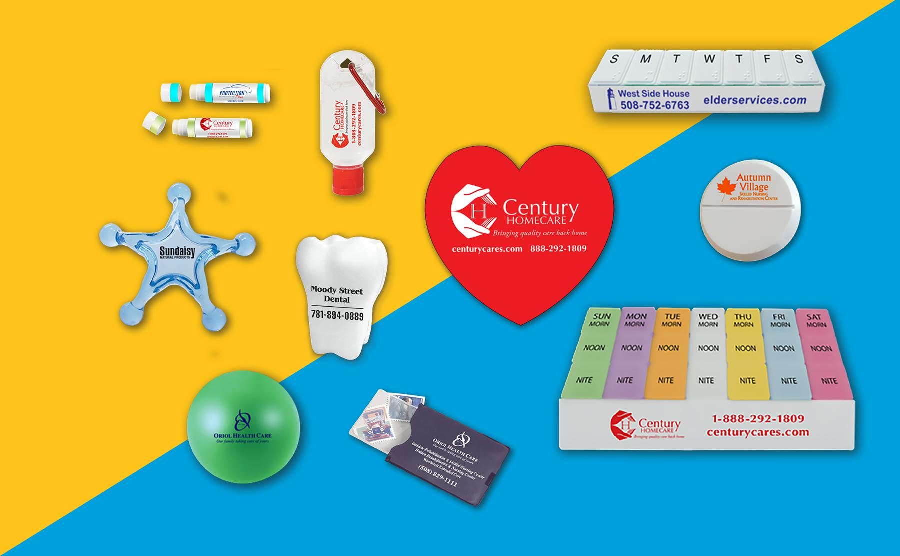 Pill boxes Health Promotional items Stress relievers Sanitizers