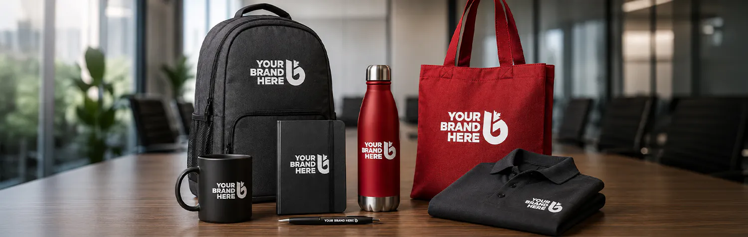 Backpack, mug, notebook, pen, water bottle, tote bag and polo shirt with prominently displayed logo