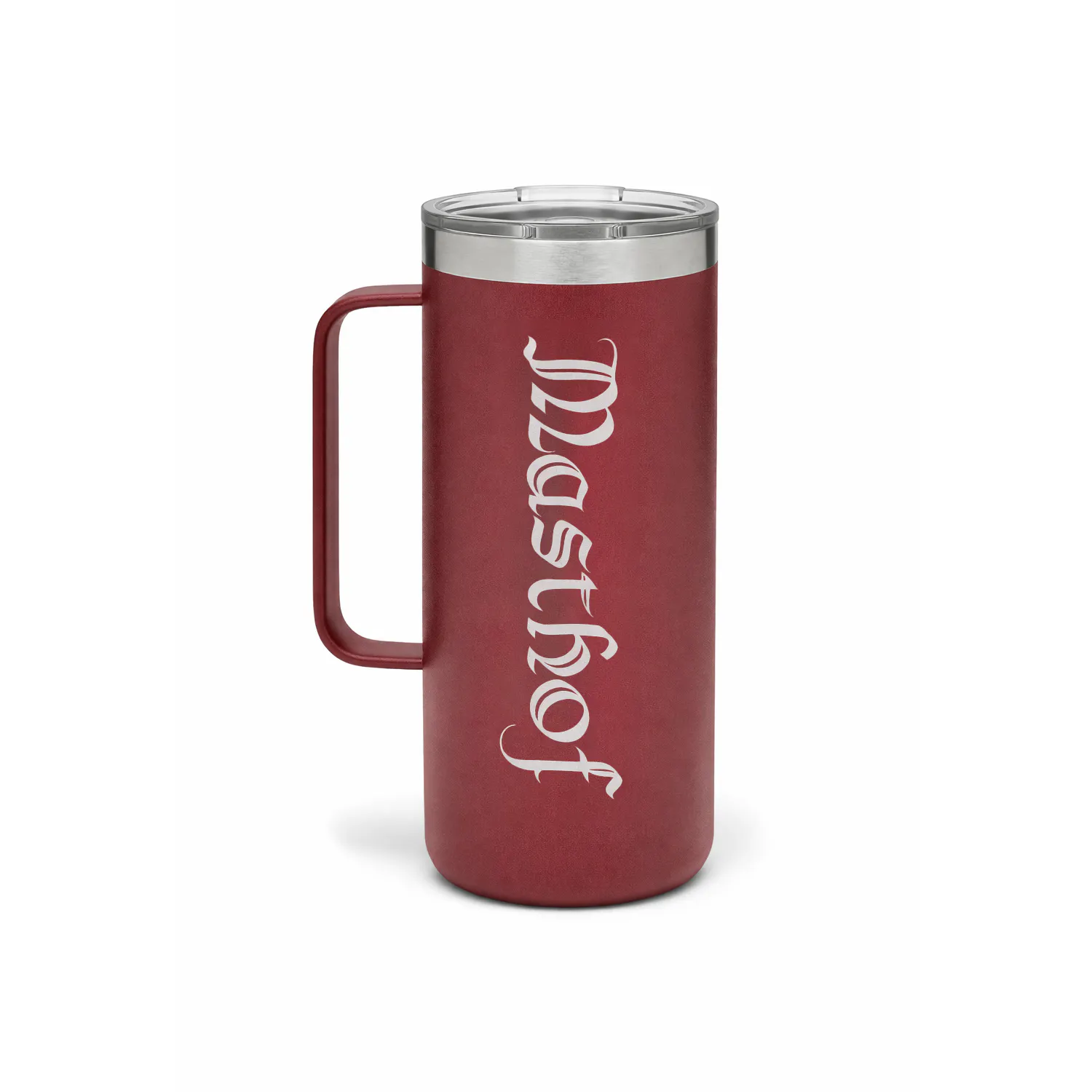 red travel mug with handle