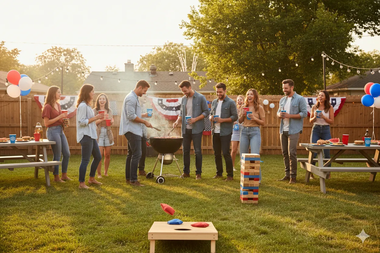 people standing around a grill with drinks in hand and yard games around