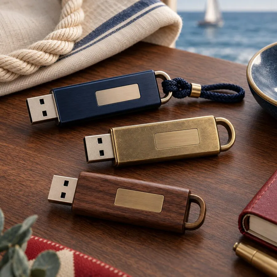 Custom navy brass and walnut USB drives