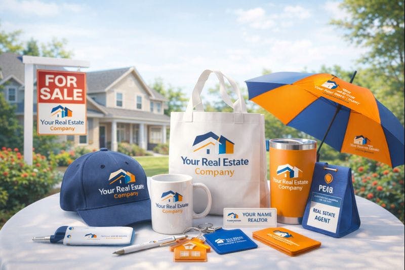 Branded real estate promo items on a table including tote hat mug umbrella and sign