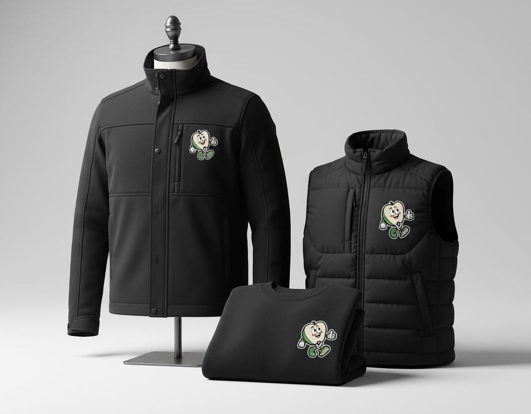 Sweater jacket and vest featuring Green Apple Promo branding