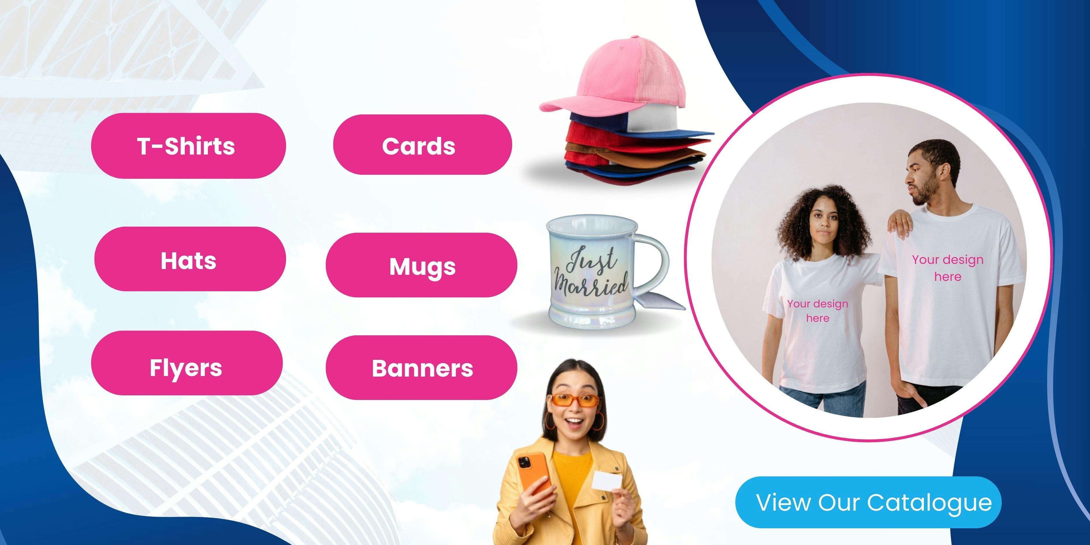 Website banner with mugs, cups and shirts
