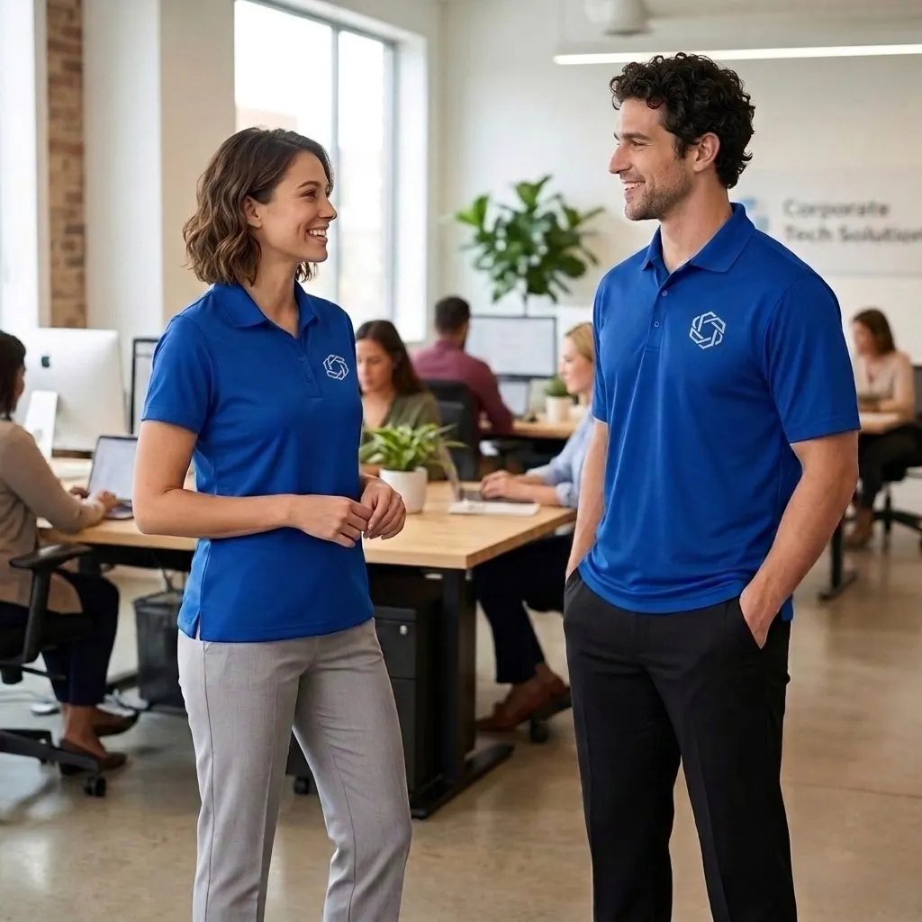 coworkers in blue polos