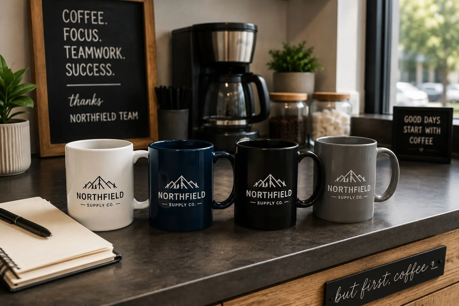 Custom branded ceramic coffee mugs displayed at a modern office coffee station