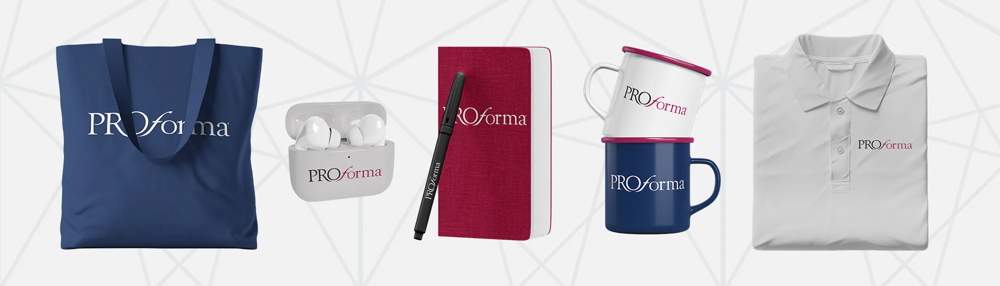 Proforma branded airpods, tote bag, pen & notebook, coffee mugs and polo shirt