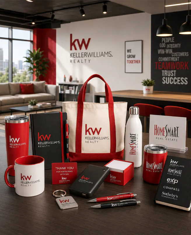a group of corporate identity promotional gifts