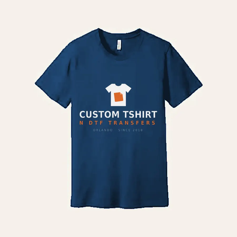 Navy tshirt printed with our logo on the chest an example of our custom apparel work