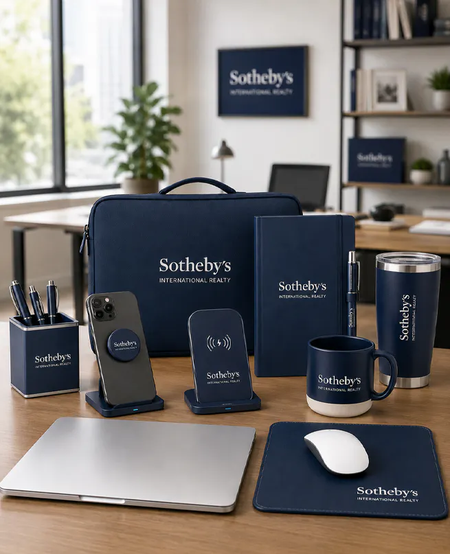 a group of technical and office essentials with corporate logos