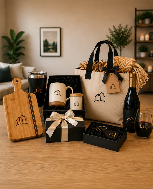 A cutting board cup set a keychain wine and glass and a blanket in a carrying bag