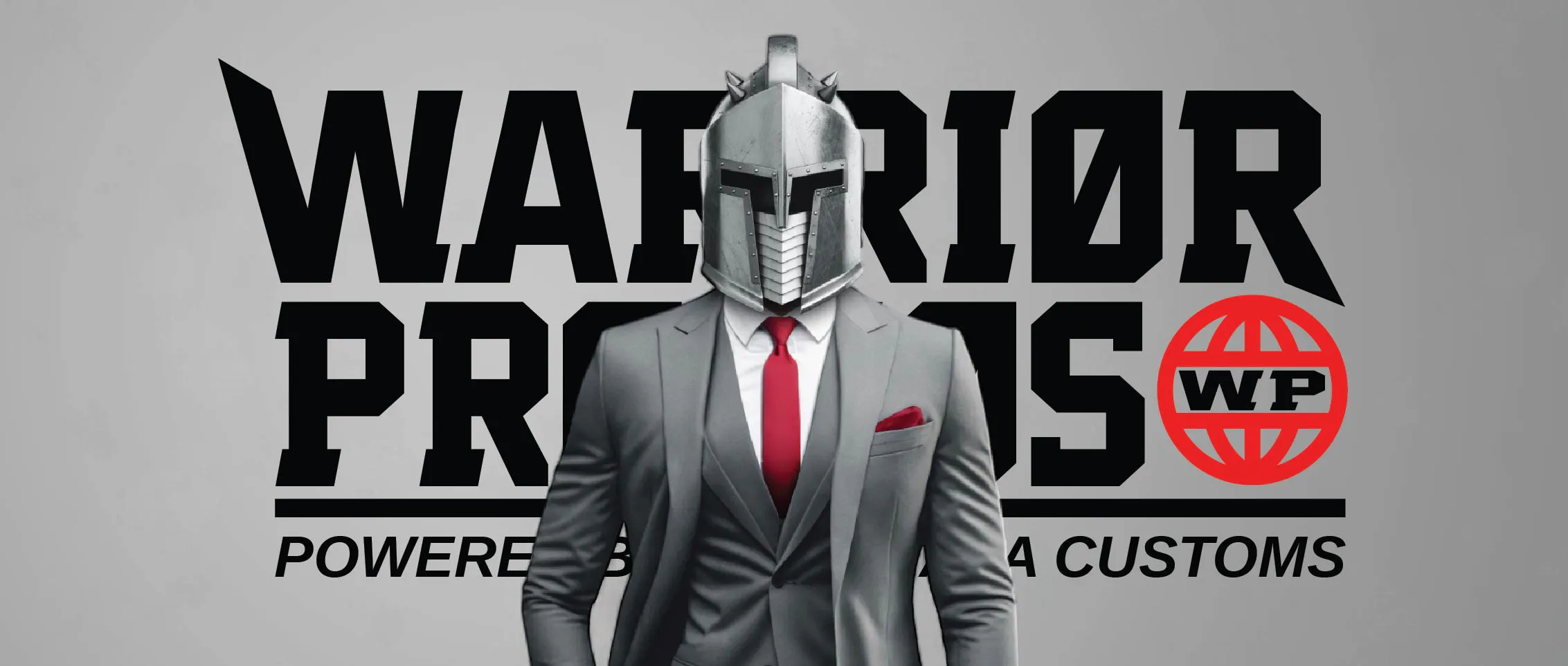 Warrior in a suit with Warrior Promos logo behind