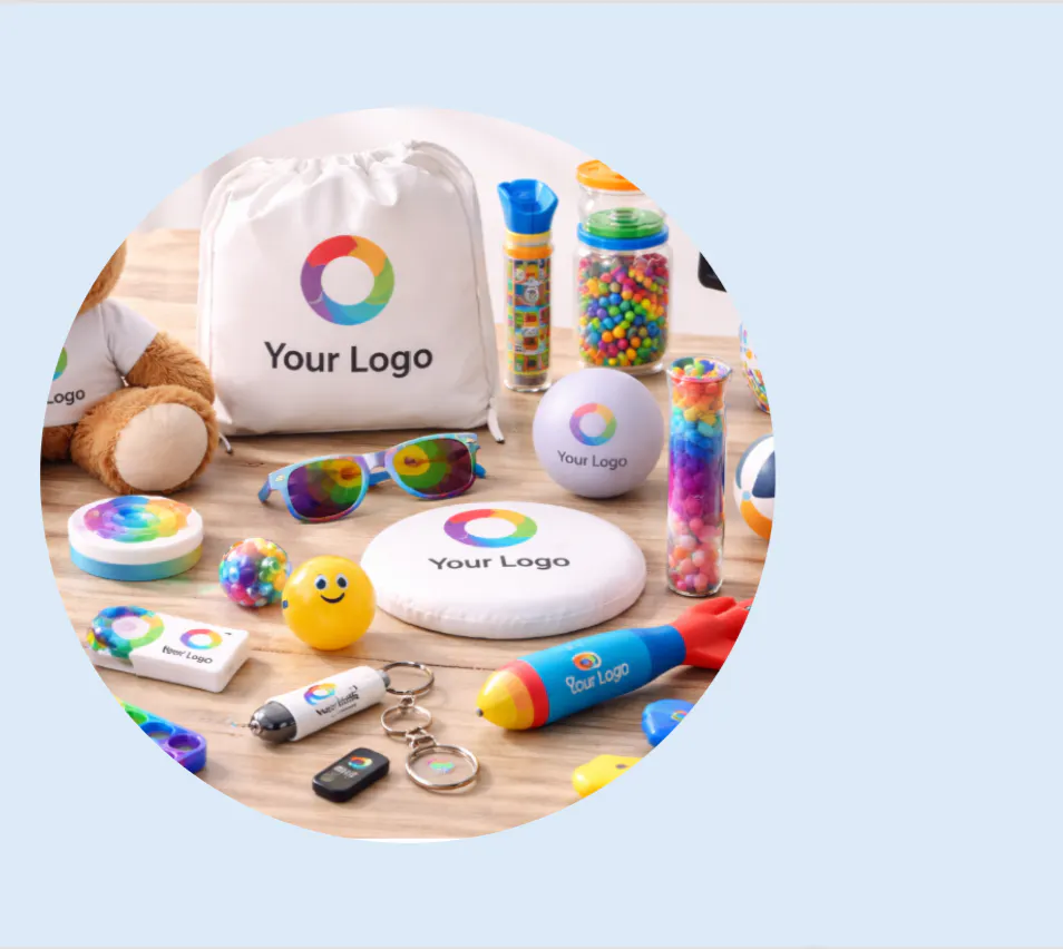 Branded promotional toys and games featuring a colorful circular logo
