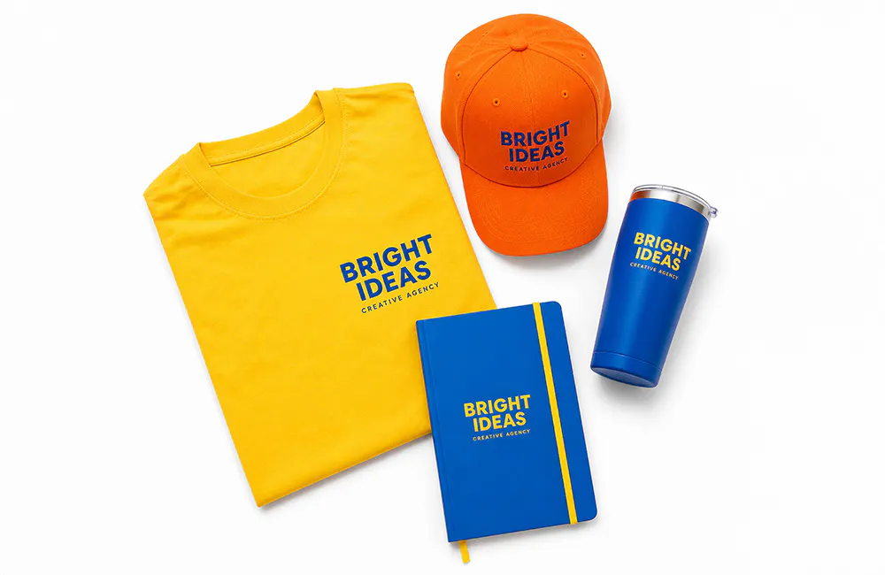 a collection of logoed promotional products