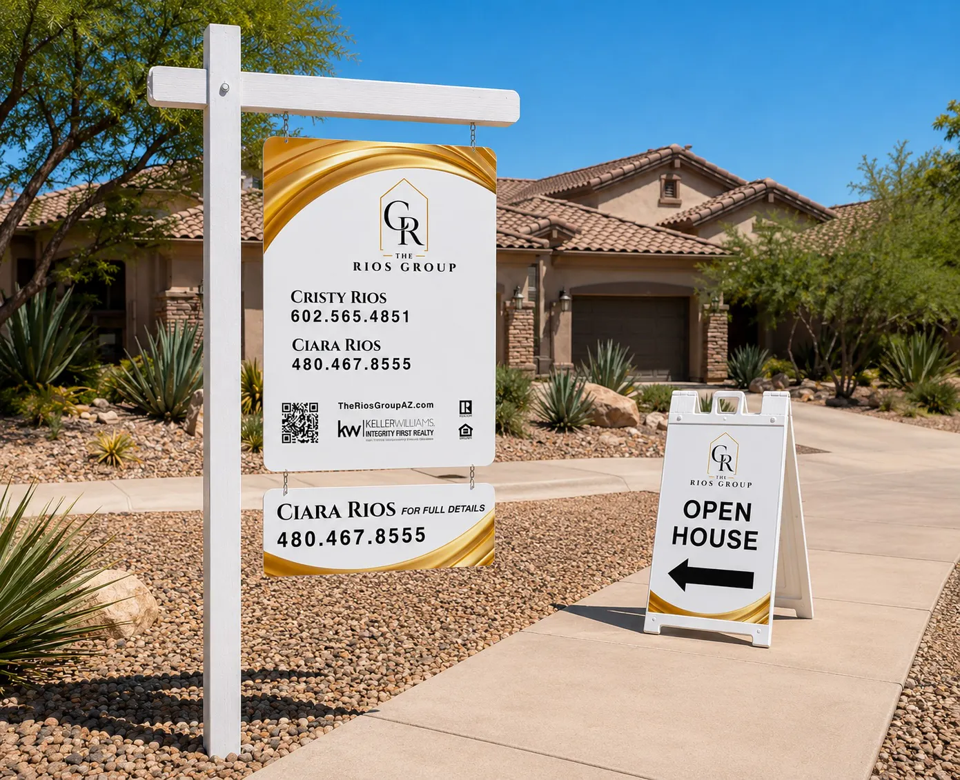 Custom real estate sign printing featuring a property listing sign and matching open house sign