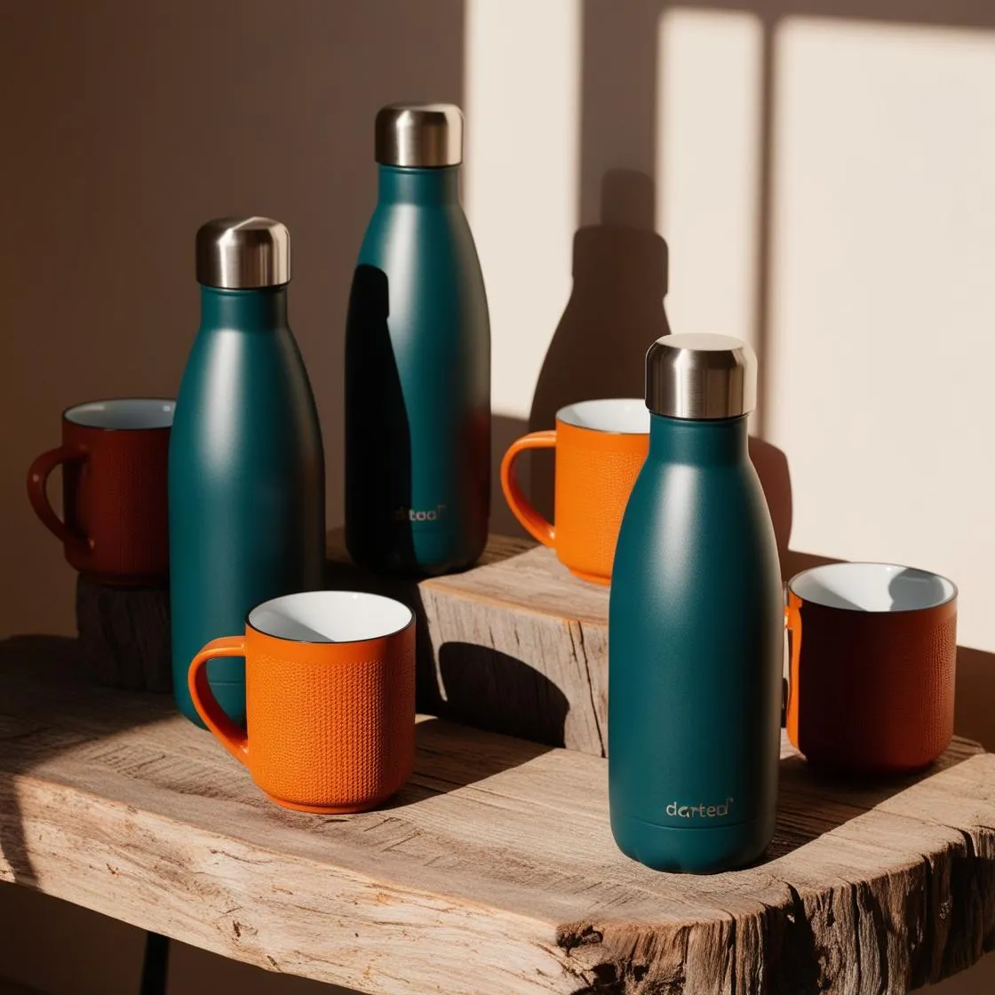 water bottles and mugs dark teal orange accent