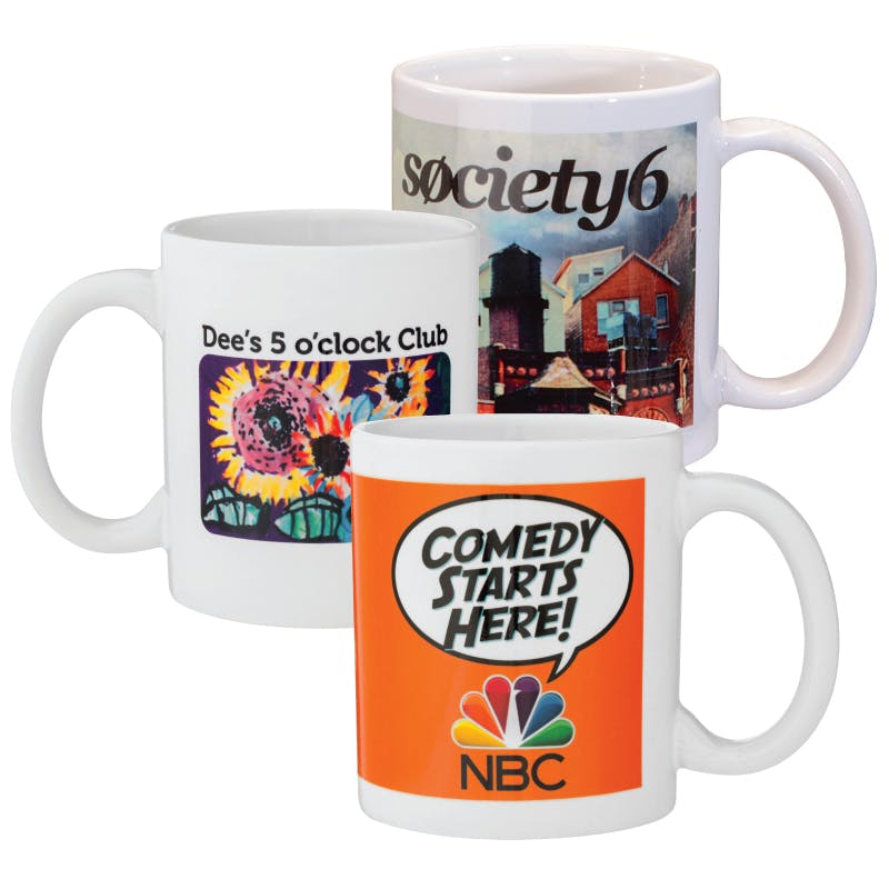 Custom 11 oz coffee mugs with full color graphic for brands companies and promotions