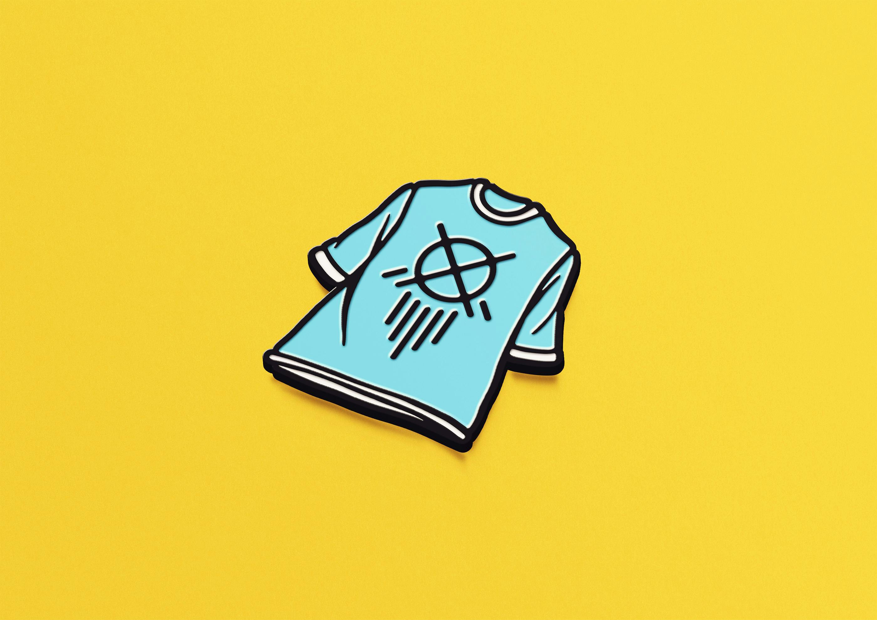 Blue shirt enamel pin with an OSCO shield on the front