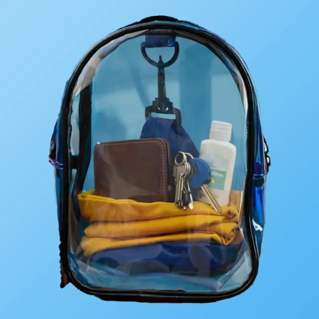 clear vinyl bag holding wallet keys clothes and sunscreen