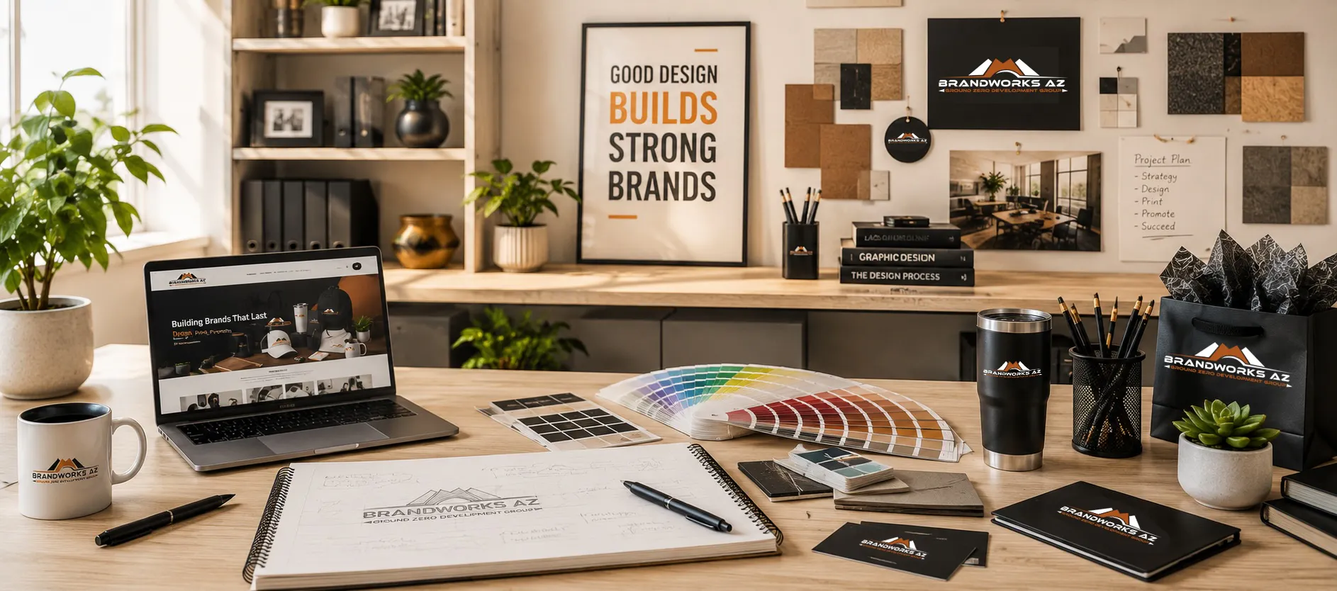 Creative branding studio with marketing materials promotional products color samples and brand development workspace