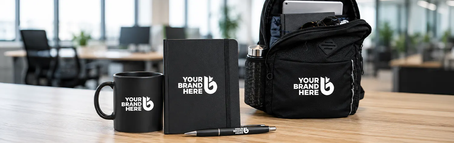 Canadian Custom Promo Employee Welcome Kit Example including a mug, notebook, pen and backpack.