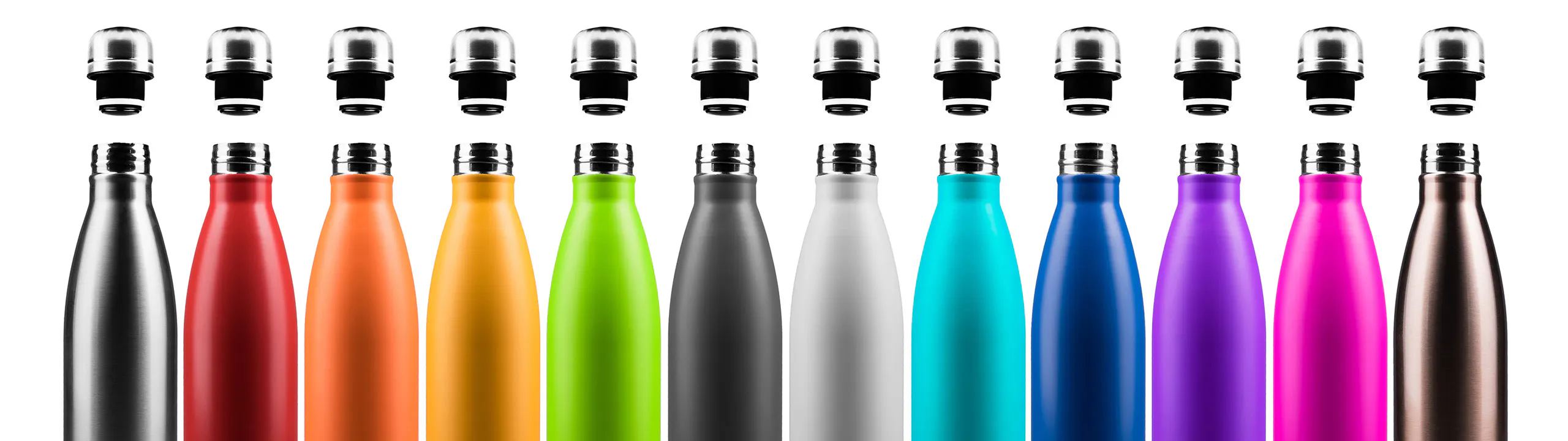 A row of twelve stainless steel water bottles in various colors, each with a lid placed above it.