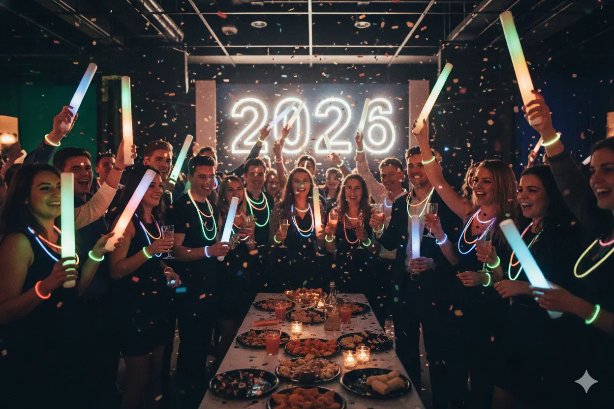 A new year party with people wearing glow sticks with the sign 2026 in background