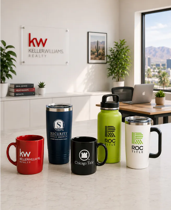 A group of mugs cups and waterbottels with logos