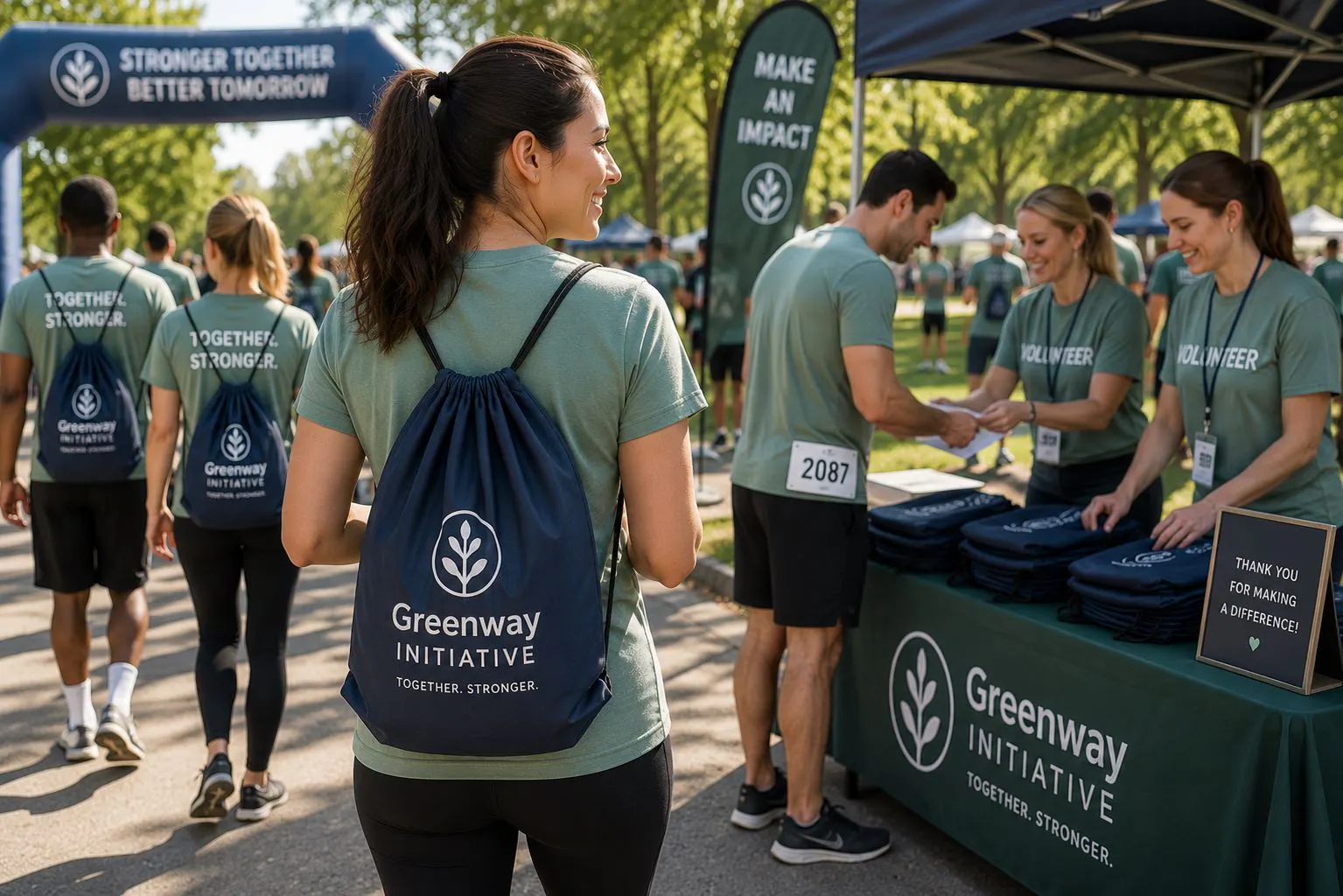 Volunteer wearing a custom drawstring bag at a community charity event