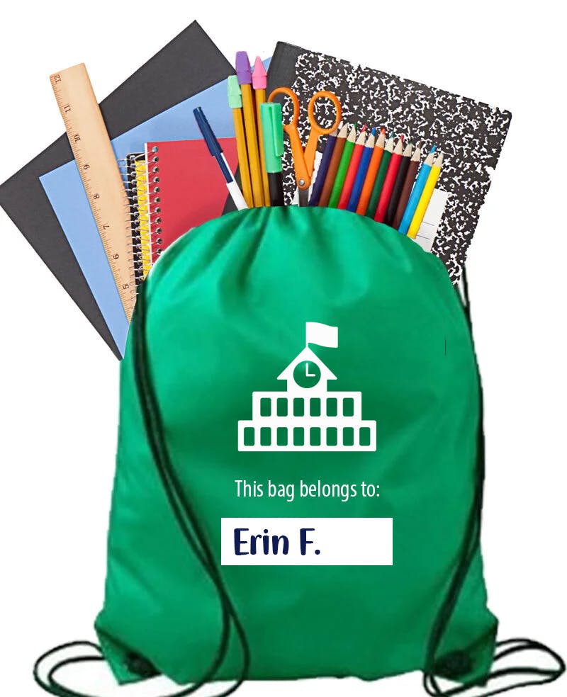 school supplies in drawstring backpack