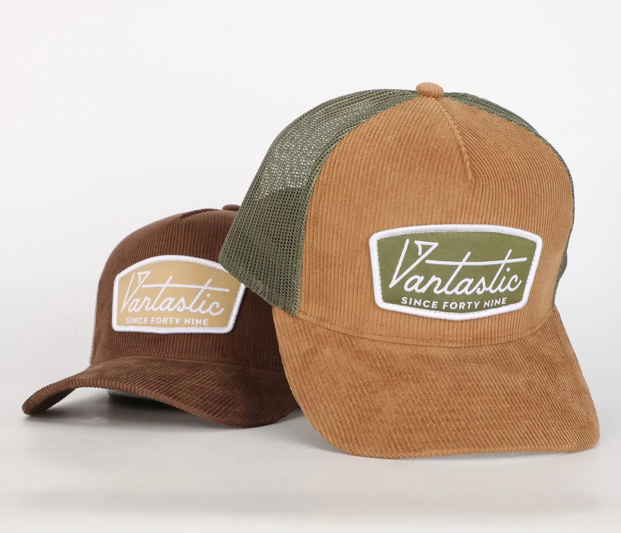 Custom corduroy trucker hats with woven patches and premium materials
