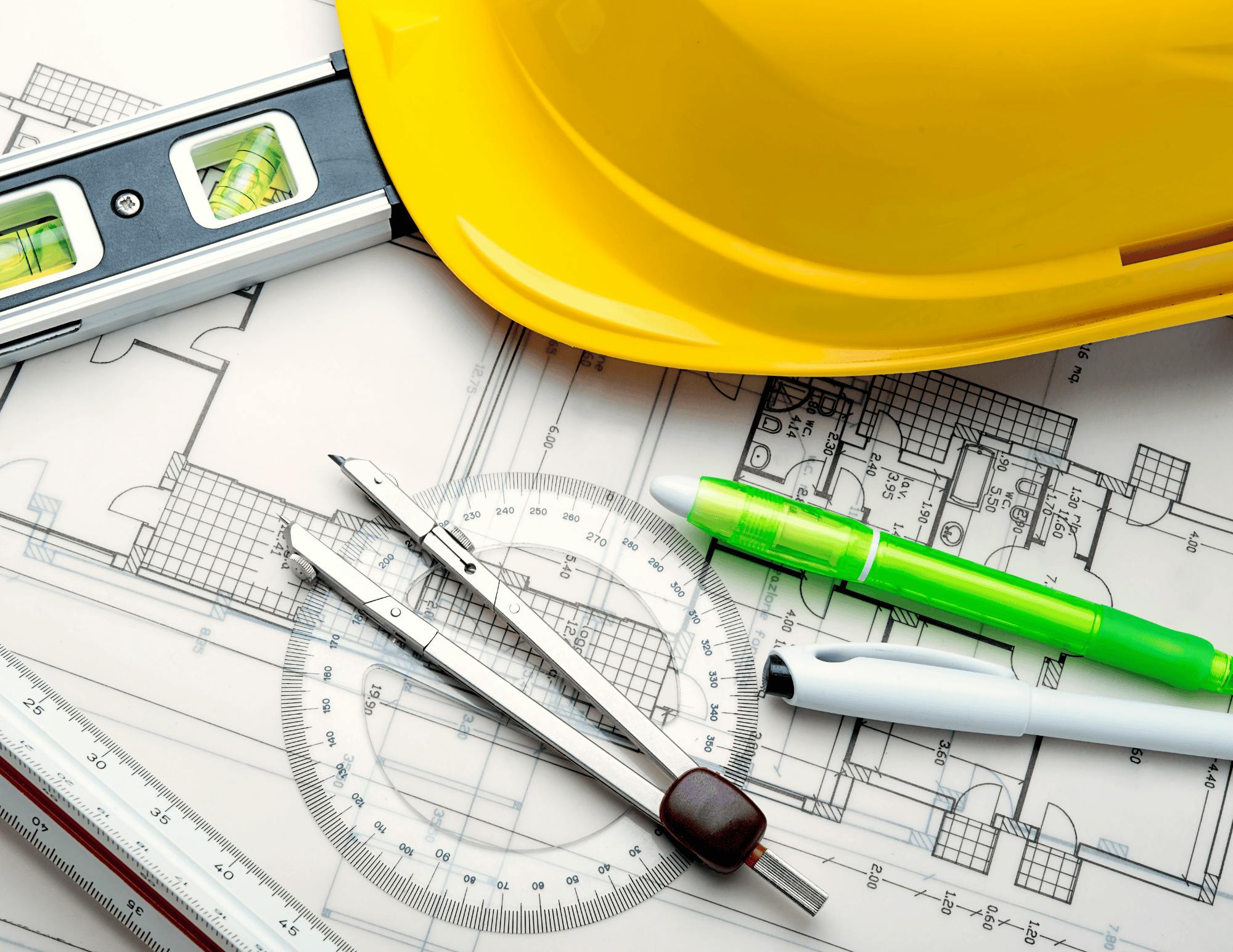 construction helmet and drafting tools