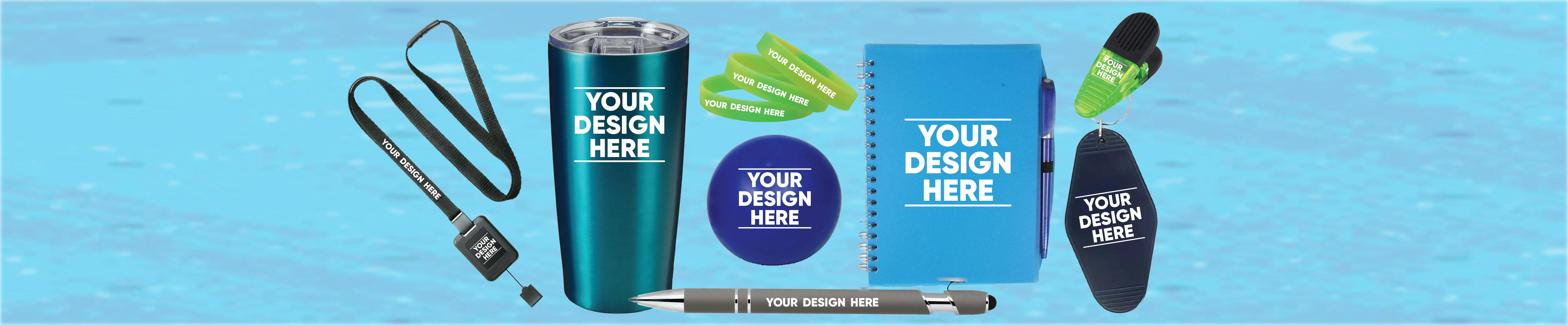 Promotional items on a blue background