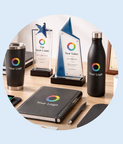 Branded office supplies and awards including tumblers notebooks and trophies with a colorful logo