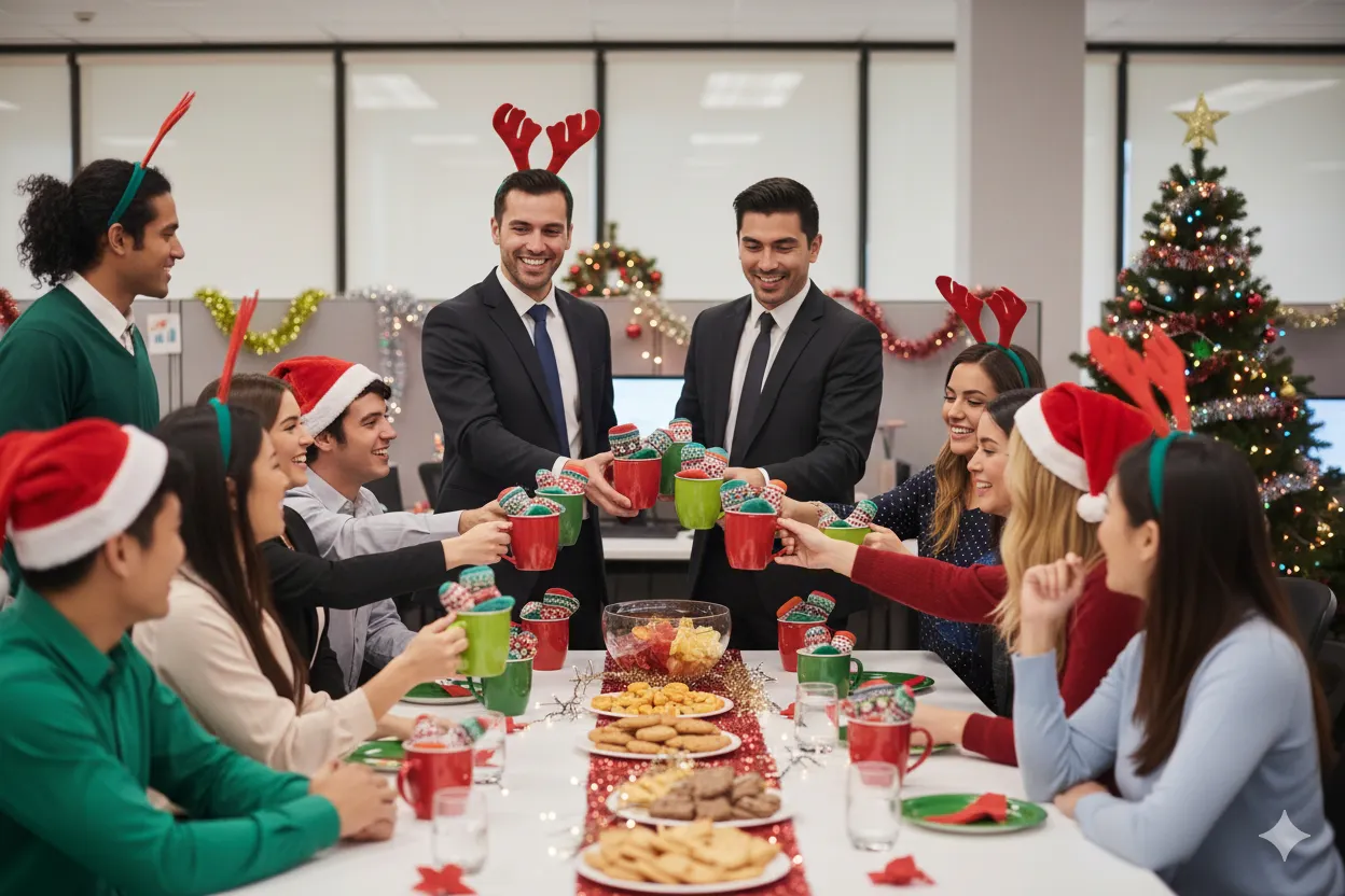 group of employees sittin at a table with mugs in hand