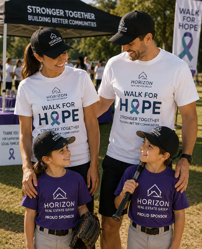 Two adults and two children in charity and team printed t shirts