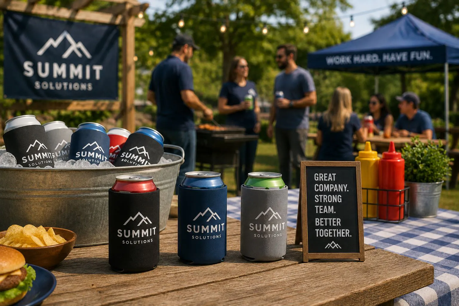 Custom branded can coolers displayed at an outdoor company picnic and employee appreciation event