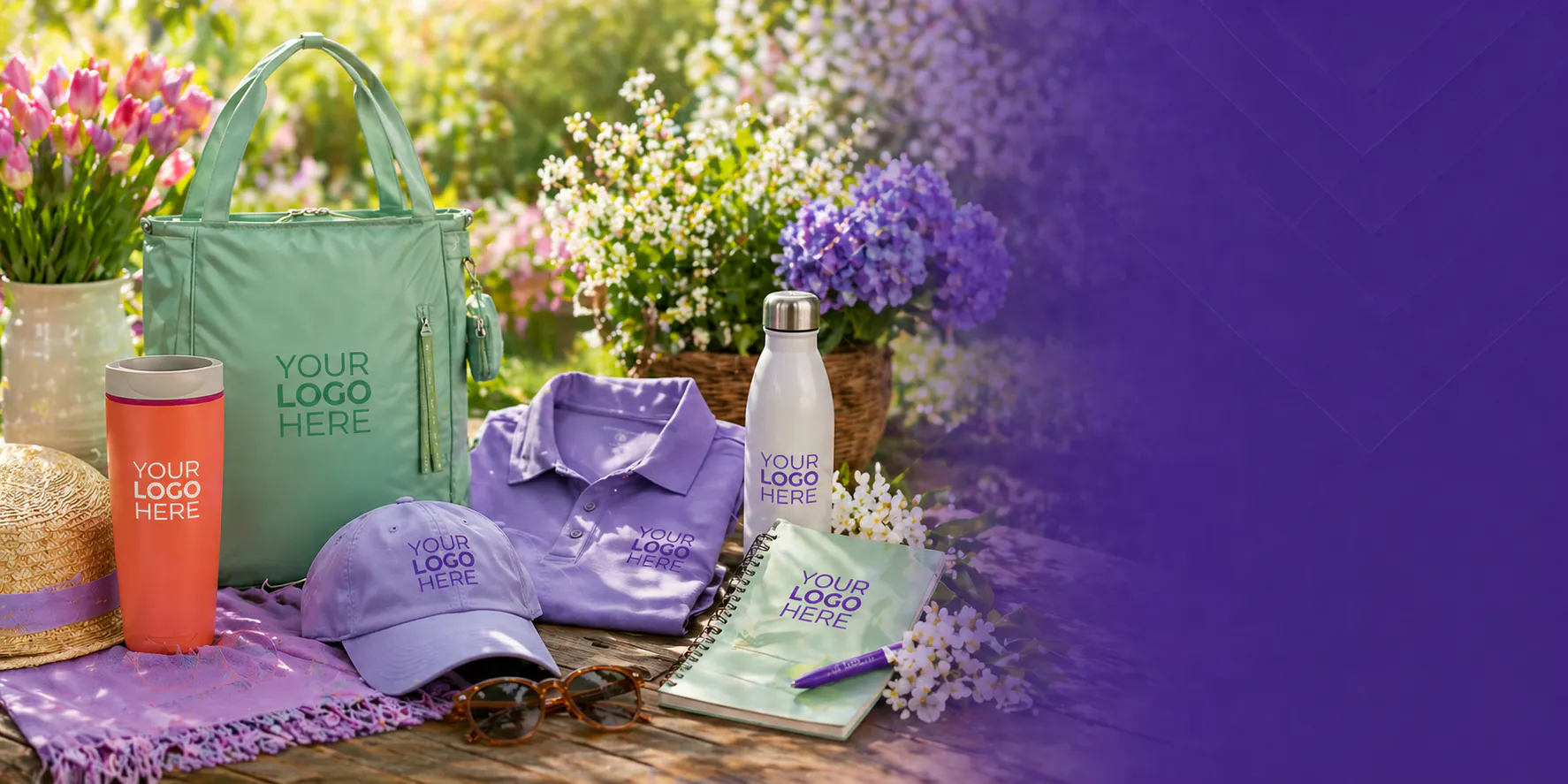 Colorful spring outdoor display of customizable branded merchandisetote bag, drinkware, apparel, and accessoriesarranged