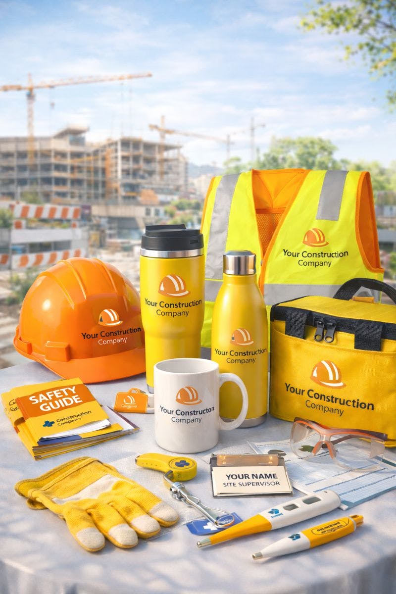 Branded construction safety gear on a table including hard hat vest bottles mug and gloves