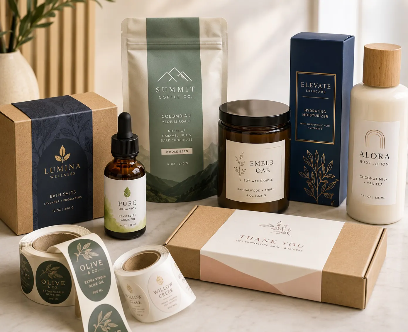 Product packaging labels presentation kits retail packaging and branded marketing materials