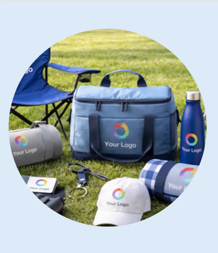 Branded outdoor gear including a folding chair cooler bag blankets a water bottle and a hat