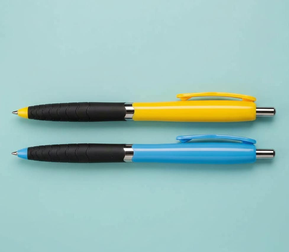 one blue pen and one red pen