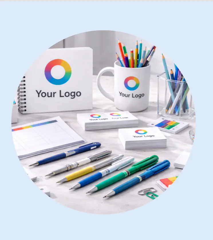 Branded office supplies and stationery including a notebook mug pens business cards and sticky notes