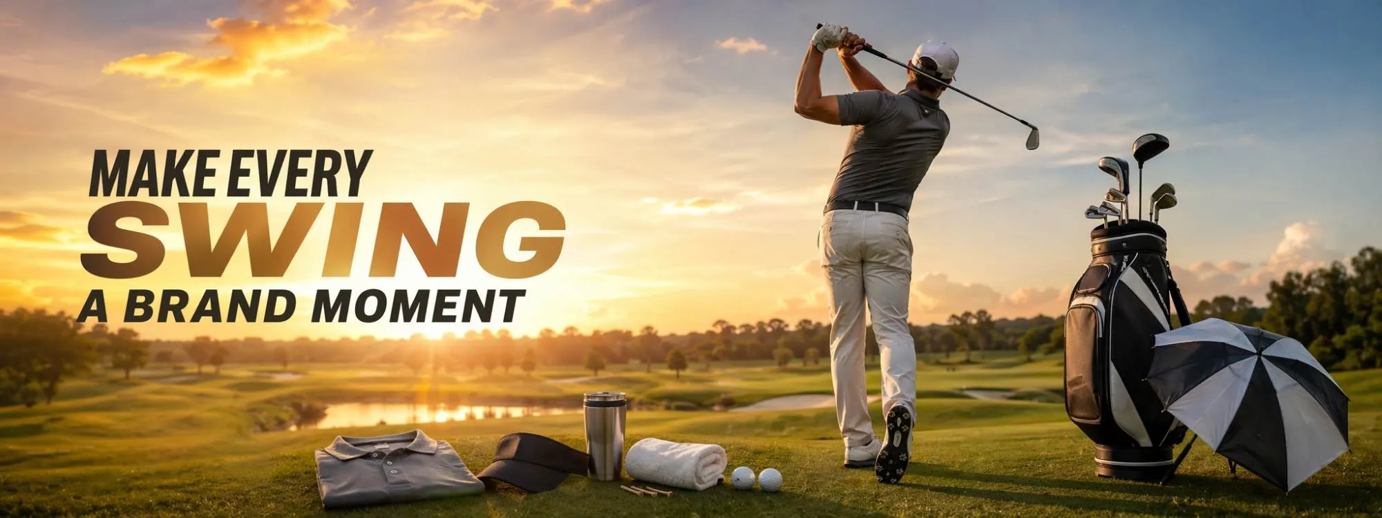 Golfer swinging club with promo products behind him