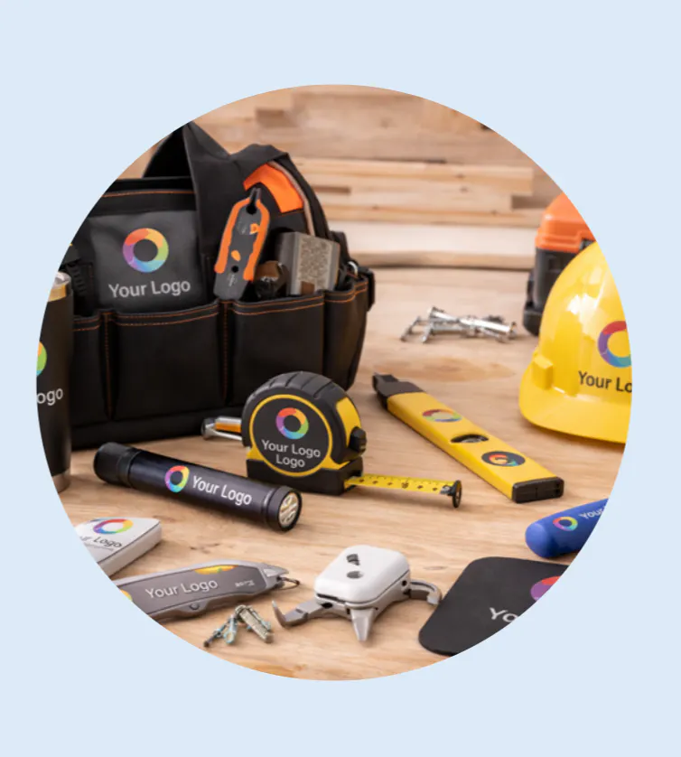 Tape measure hard hat and other tools with custom logo 