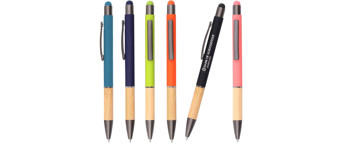 Colorful pens with bamboo wood and custom logos