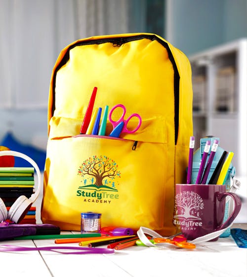 yellow backpack and school supplies