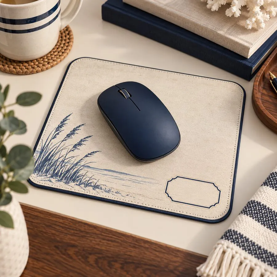 Navy wireless mouse on a cream coastal mouse pad