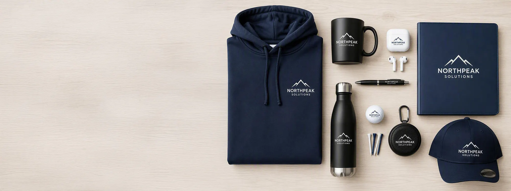 promotional products including apparel, hat, water bottle, padfolio earbuds and golf accessories